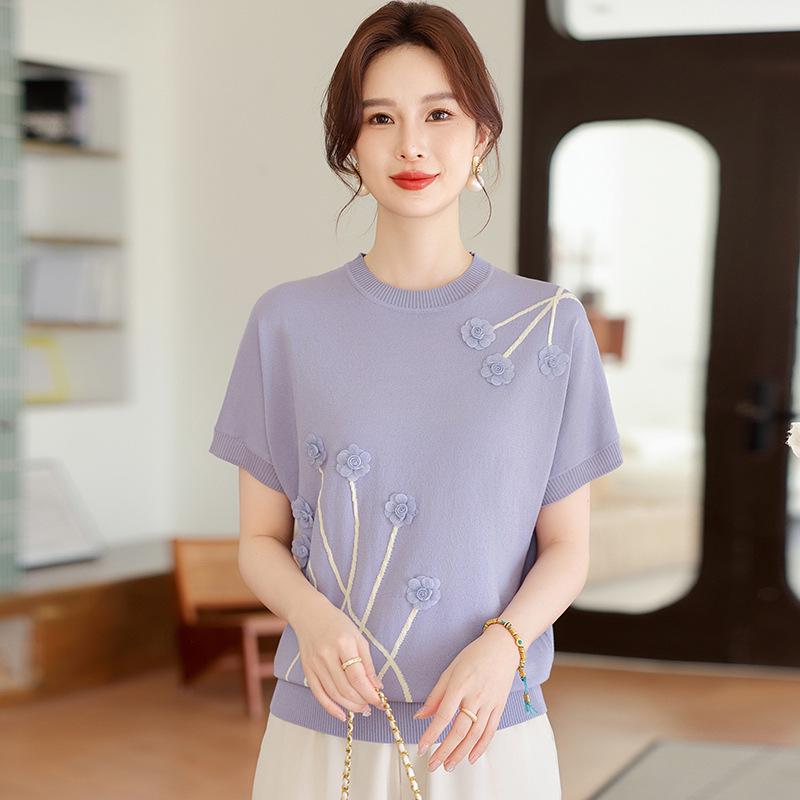 

Mom s Ice Silk Knit Short-Sleeve T-Shirt for Middle-Aged Women - Summer 2026 XXXL фіолетовий