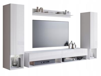 Living Room Hanging Set with Columns, TV Cabinet, Shelf, Glossy White Fronts with LED