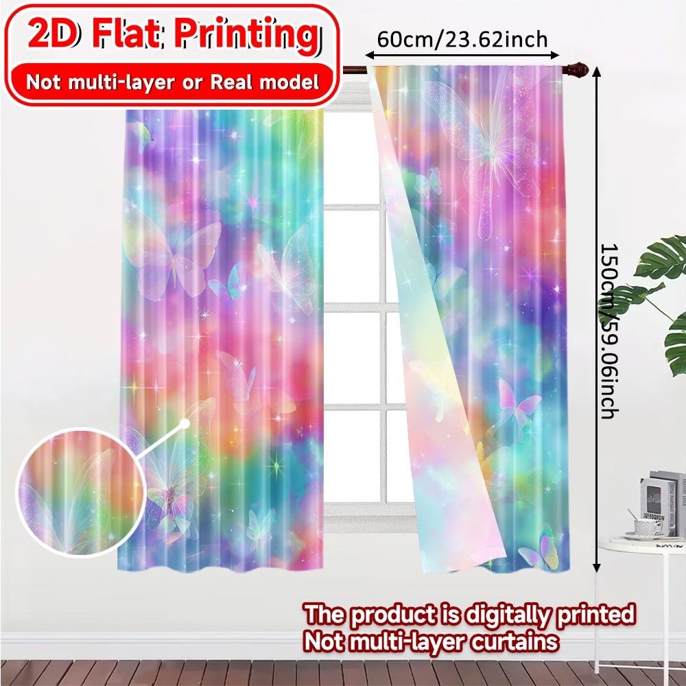 2D Flat Printing  2pcs Butterfly Spectrum Fashionable Chic Curtains Machine Washable Fabric Curtains Decorations Outdoor