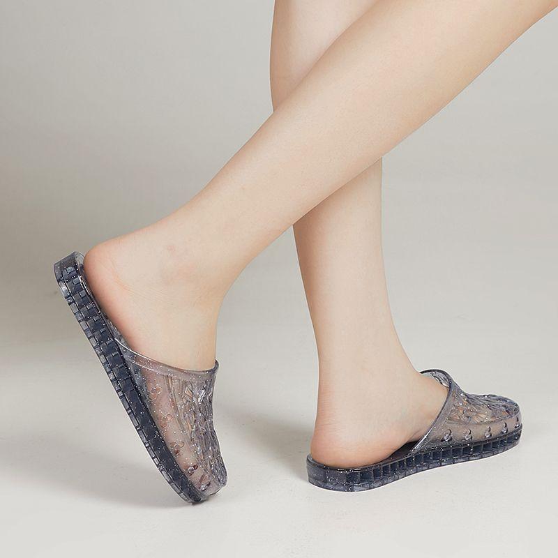 New Jelly Baotou Slippers for Women Fashionable, Hollow Out Breathable Half Tow Home Anti Slip Flat Bottomed Cool Scooter