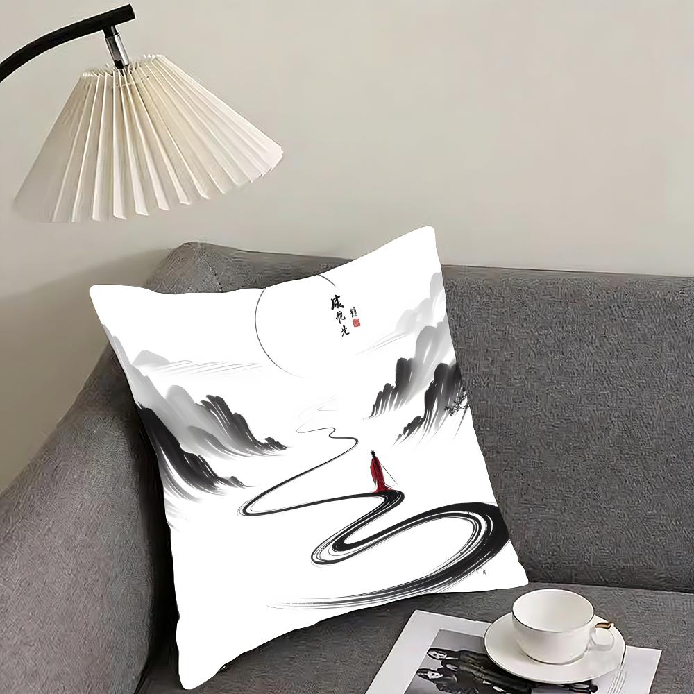 Chinese Ink Painting Style Cushion Cover Reversible Plush Pillow Cover – For Car, Sofa, Bedroom, Perfect As a Gift.