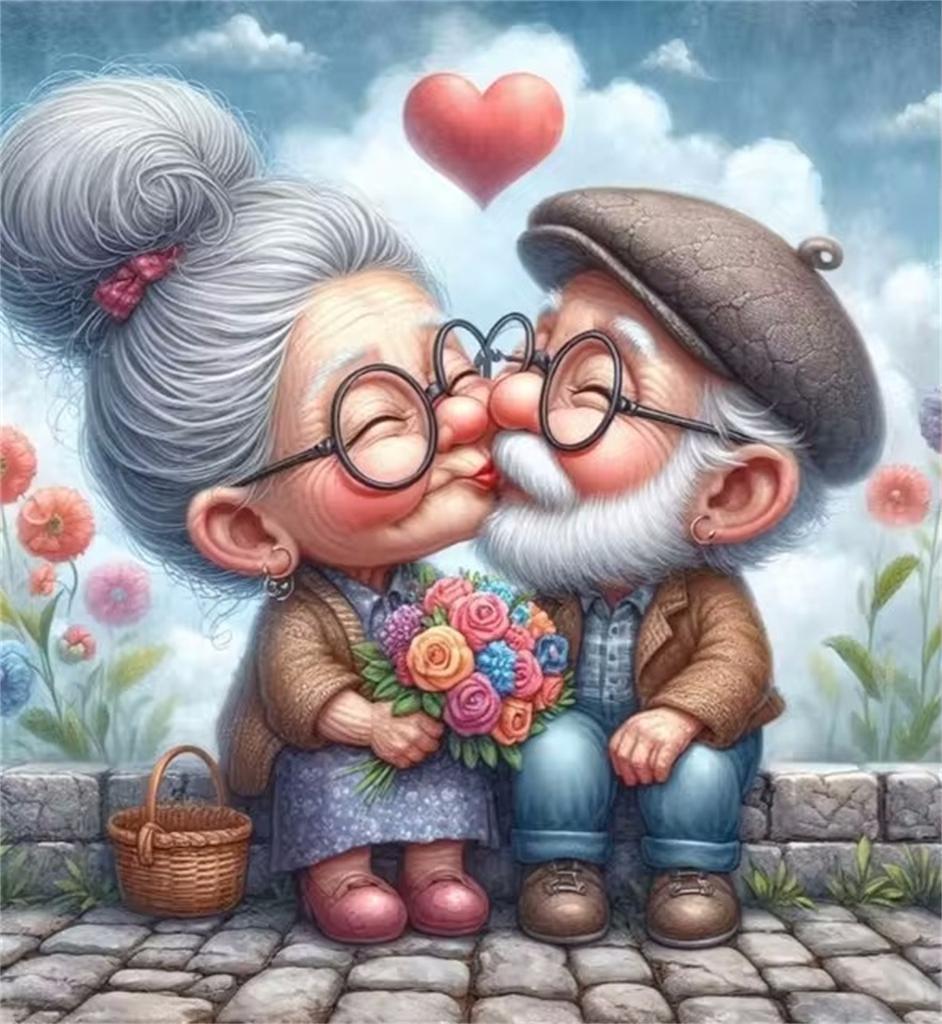 Cartoon Happy Old Couple 5D Full Round Diamond Painting Kits, Cute Grandma and Grandpa DIY Drills Mosaic Embroidery Cross-stitch