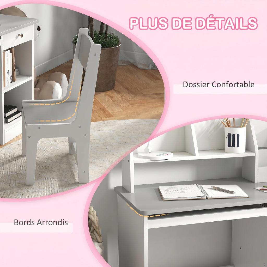Children's Desk with Ergonomic Chair, Keyboard Tray, Drawer, Shelves, 90 x 45 x 90 cm, Grey