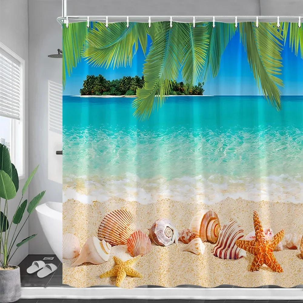 Ocean Landscape Shower Curtains Beach Coconut Tree Dolphin Sea Waves Summer Nature Scenery Bath Curtain Cloth Bathroom Decor Set