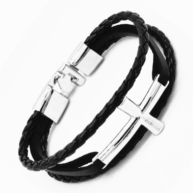 Fashion Cross Charm Bracelet Men Braided Leather Rope Bracelets Bangles Luxury Jewelry Gift Wholesale