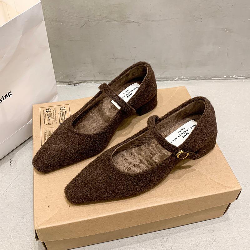 Fashion Women's Thick Heel Cotton Shoes Winter New Square Head Shallow Mouth Suede One Word Buckle Non-slip Low-top Shoes