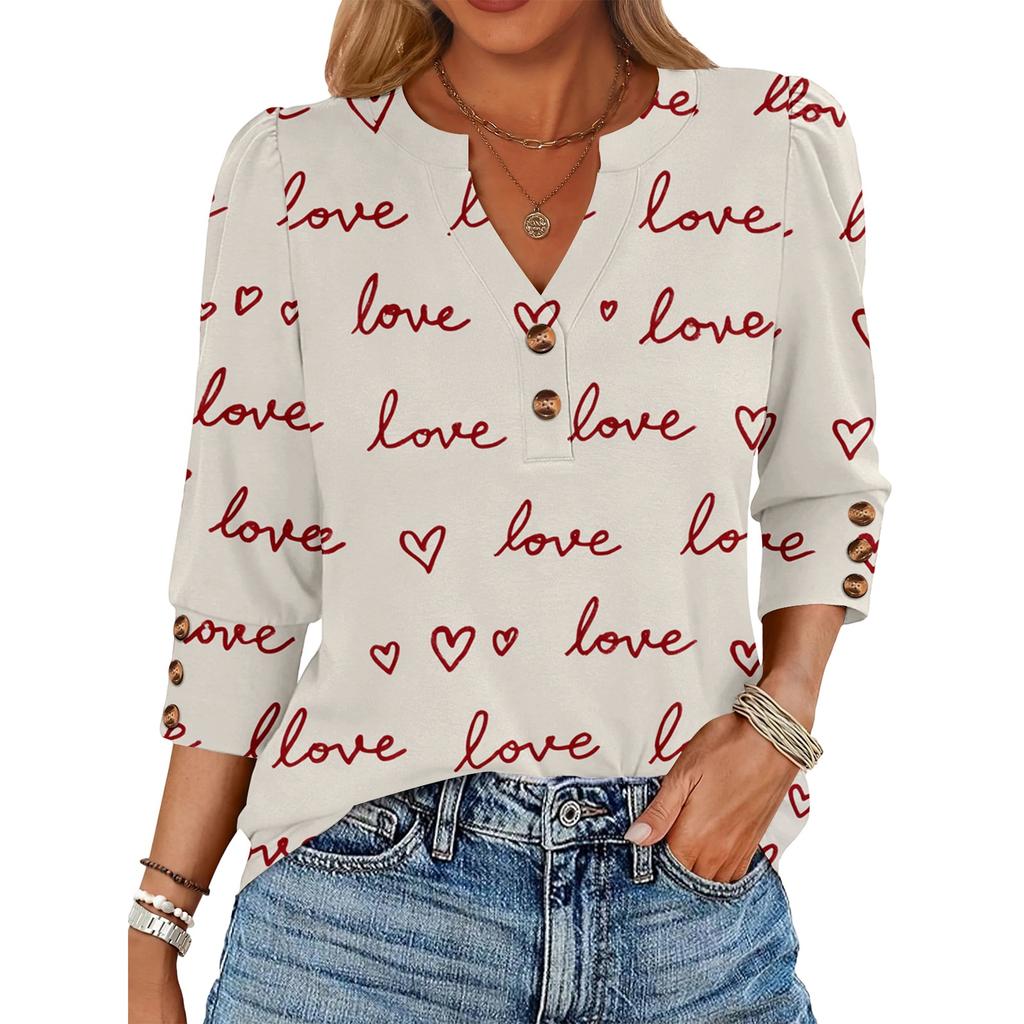 Women's Loose 7-inch Sleeve Top with Heart Print