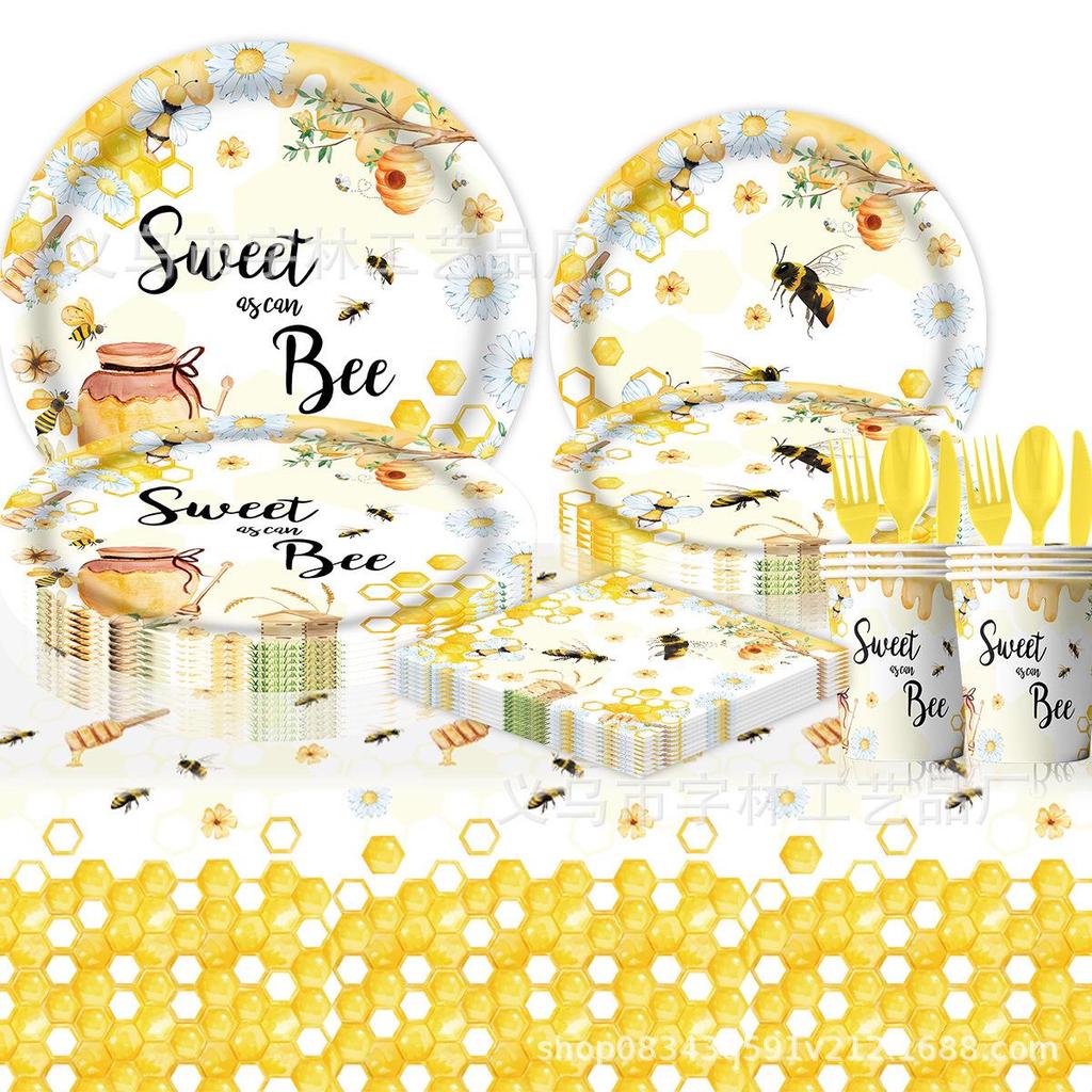 Spring Bee-Themed Birthday Party Disposable Tableware Set: Tablecloth, Napkins, Plates, Decorations.