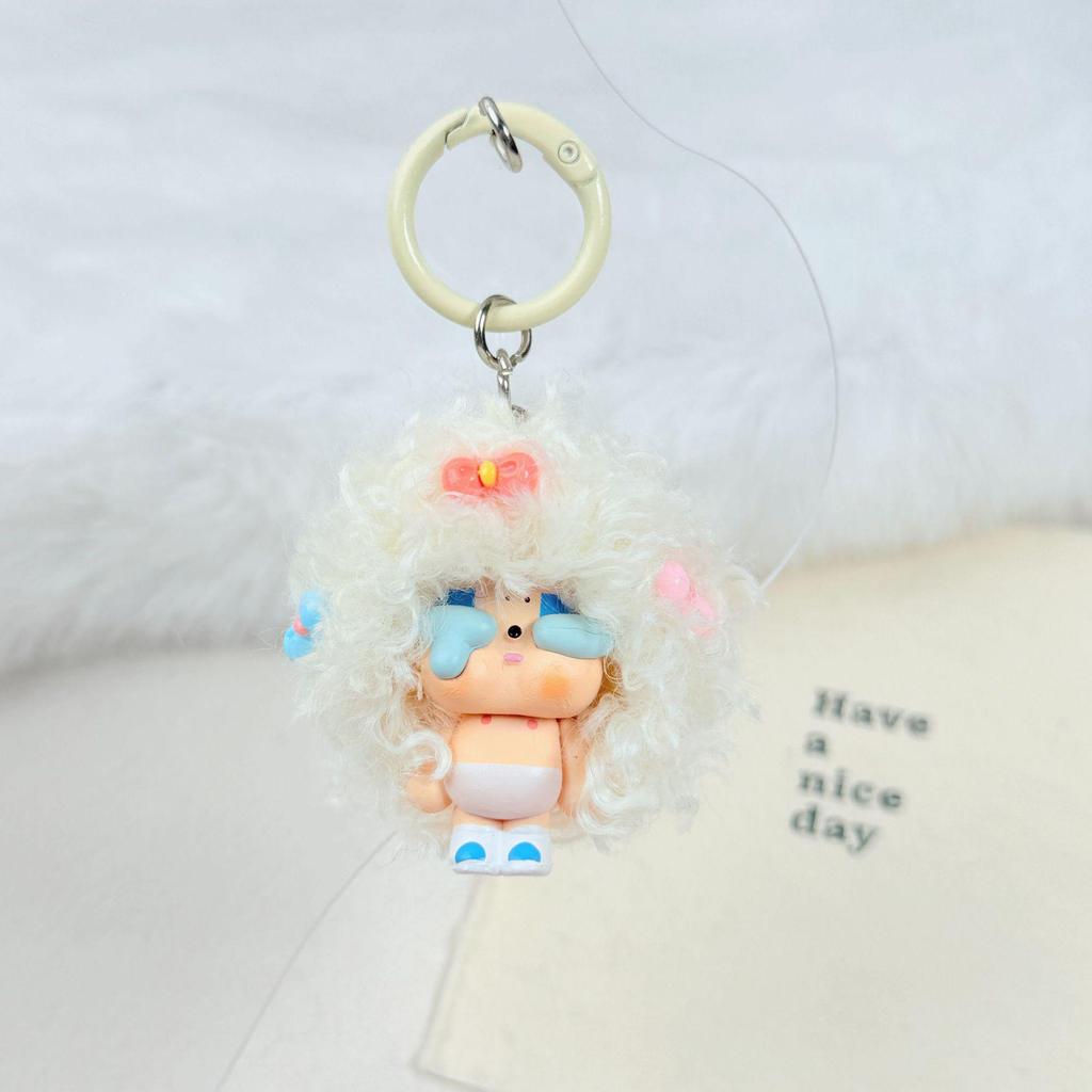 Customizable Mengli Marshmallow Doll Keychain with Curly Hair - Cute Cartoon Phone Strap & Bag Accessory Gift
