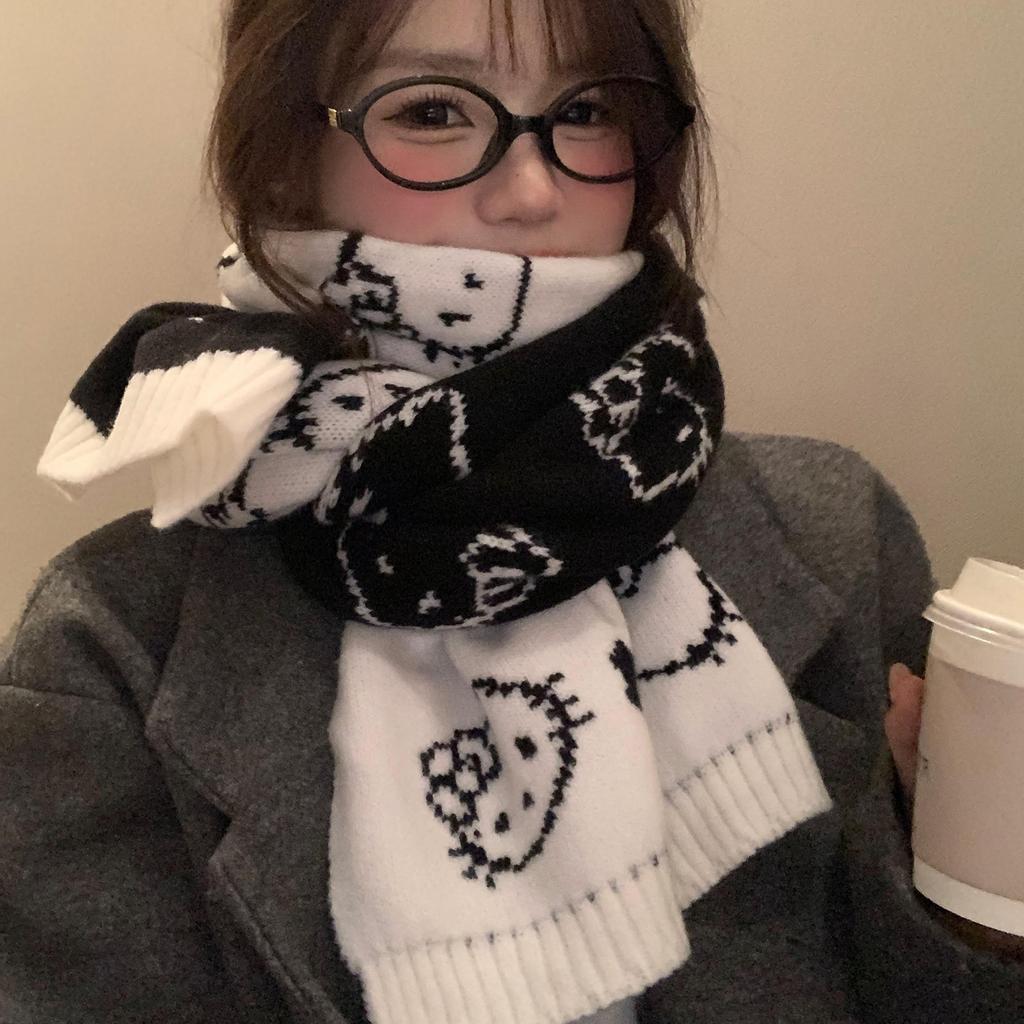 Cute kitty cat double-sided knitted scarf female winter Korean atmosphere thickened warm neck protection student scarf