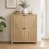 Home Shoe Storage Cabinet with 2 Flip Drawers, Natural Oak Veneer, Geometric Carved Front, Independent Shoe Rack In the Hallway