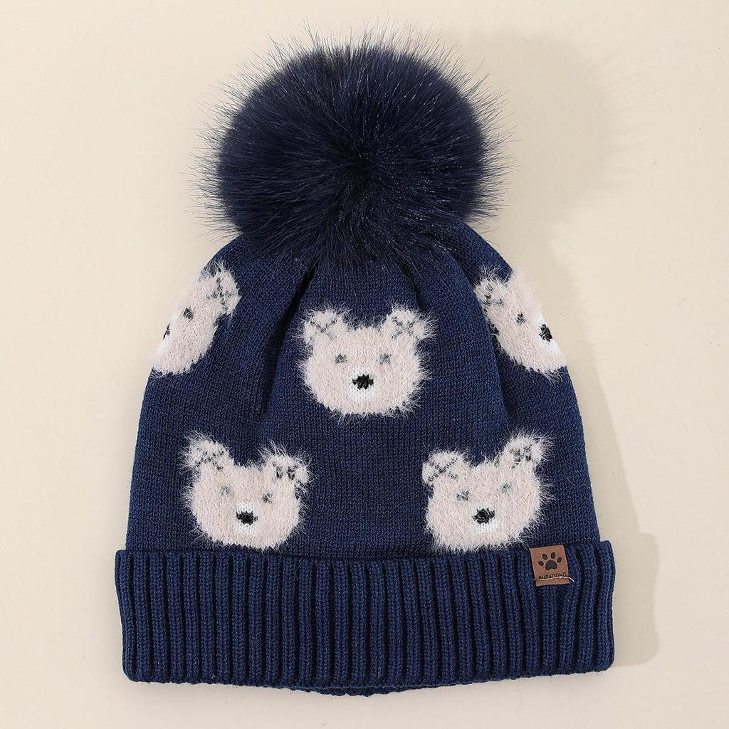 Niedliche, fleecegefütterte Bommel-Bärenmütze für Kinder – kuscheliges Strickaccessoire für den Winter