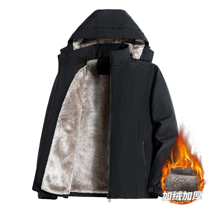 2025 Fleece Thickened Plus Size Jacket Fall and Winter Men's Middle-aged Solid Color Casual Hooded Warm Jacket Shirt Top