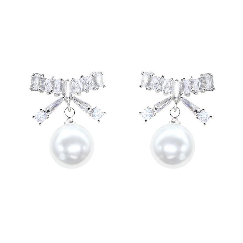 Luxury 14K Real Gold Plated Bow Stud Earrings for Women Delicate Micro Inlaid Cz Wedding Pearls Pendant Sterling Silver