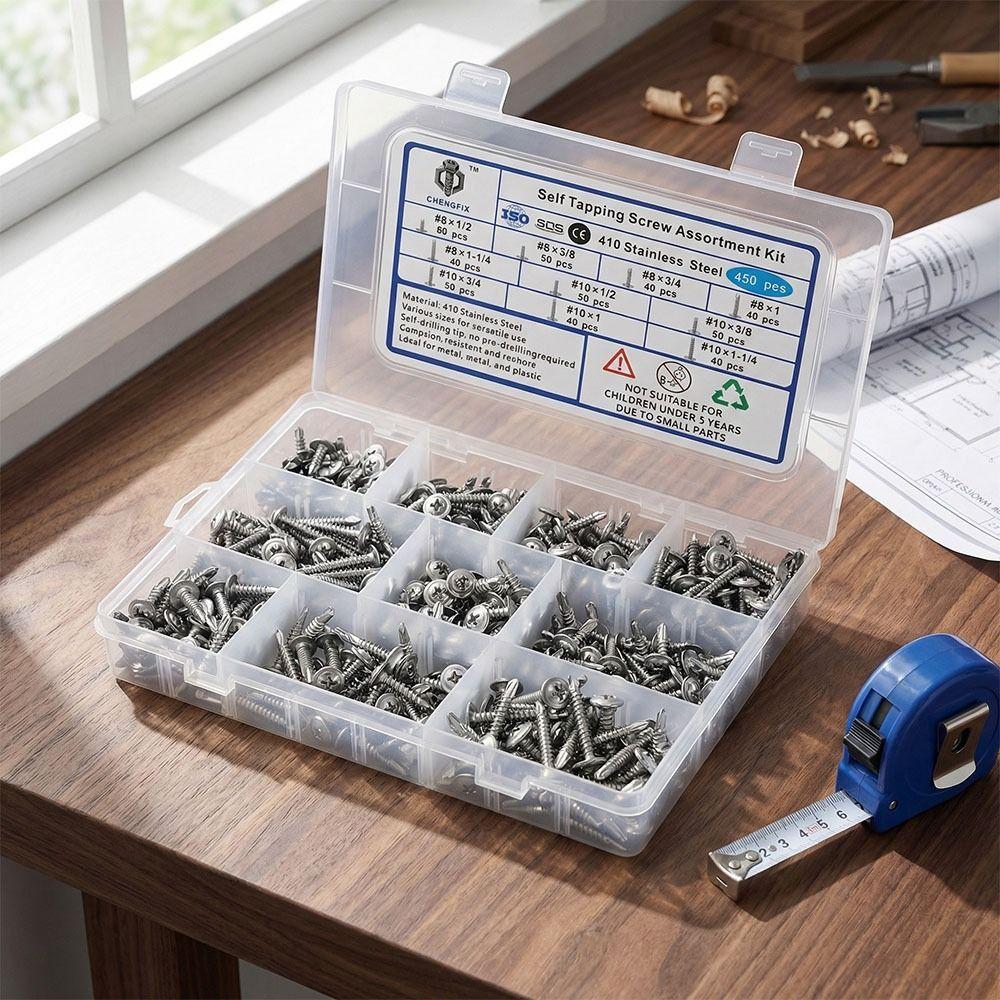 450pcs 410 Stainless Steel Self Tapping Screws Hex Head Stainless Steel Screws  Assortment Set