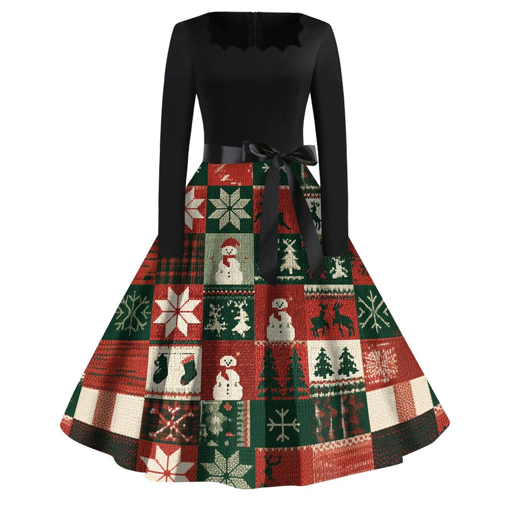 Women's Casual Fashion Christmas Print Square Neck Vintage Dress for Holiday Party