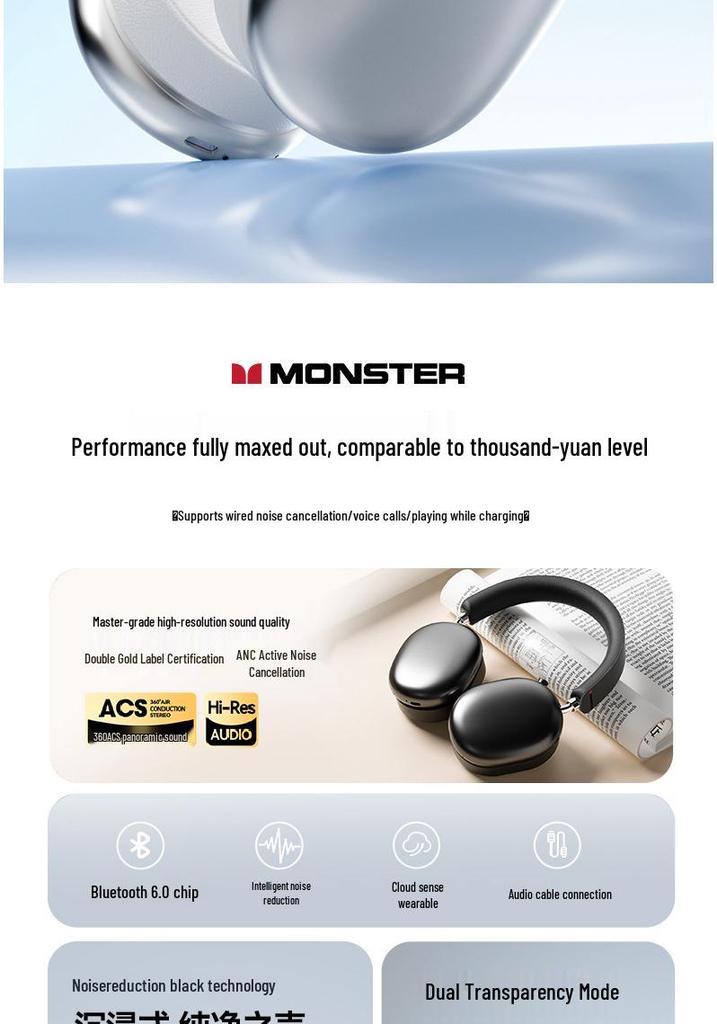 Monster AH100 Wireless Over-Ear Bluetooth Headphones, ANC Noise Cancelling, Long Battery Life, Perfect for Gaming & Sports