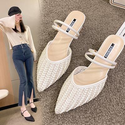 Chaussons à Perles Décontractés Chaussures à Talon Carré Talons Femmes Claquettes Bout Pointu Pantoufle Mi-hauteur Luxe Bloc Haut Couvrant 2026 PU Printemps