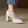Fashion NEW Spring Women's Pumps Genuine Leather Shoes for Women Round Toe Chunky Heel Shoes Super High Heel Mary Janes Handmade Shoes