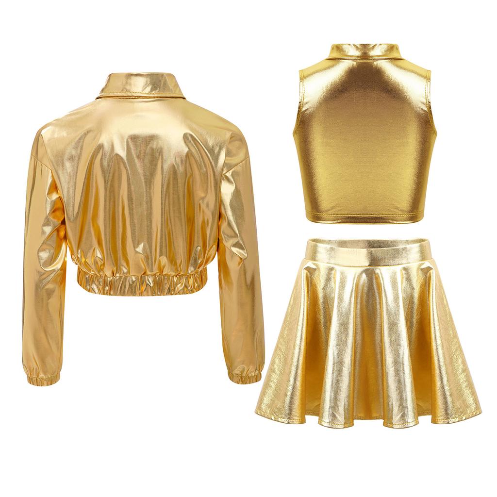 Metallic Shiny Jacket Set for Girls: Turn-Down Collar Long Sleeve Coat with Turtleneck Tank & High Waist A-Line Skirt