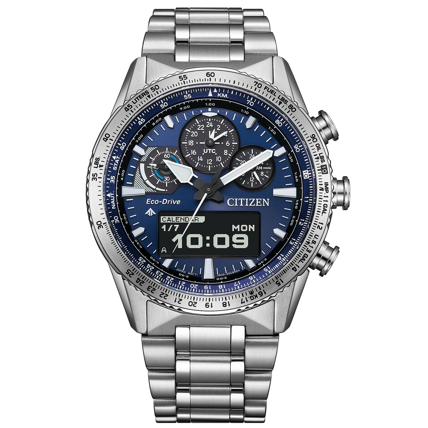 

Чоловічий годинник Citizen Promaster Chronograph Pilot SKY Синій та Сріблястий Аналогово-цифровий, Водонепроникний, Сріблястий, JV2000-51L,