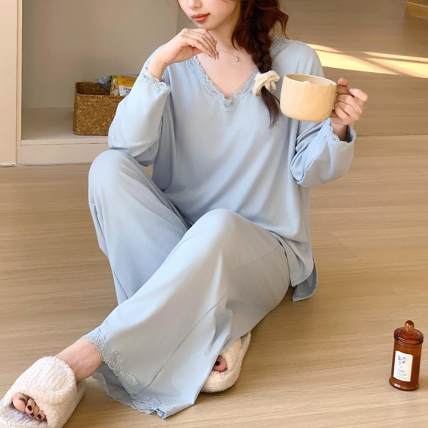 

Women s V-Neck Lace Trim Modal Pajamas Set with Built-In Bra - Long Sleeve, Loose Fit for Spring, Summer, Autumn Large