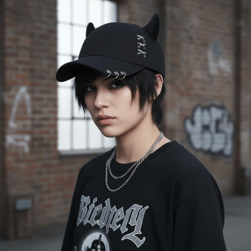 My Extreme Outdoor Activities Men's Black Casual Adjustable Baseball Caps Metal Rings Cow Horn Duckbill Cap Outdoor Street Sunscreen Hat Four Seasons