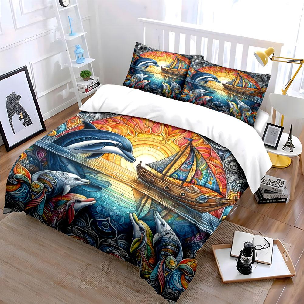 Colorful Ocean Dolphins Artwork Decor Bedding Set with 1 Duvet Cover 2 Pillowcases Single Double King Queen, Gift