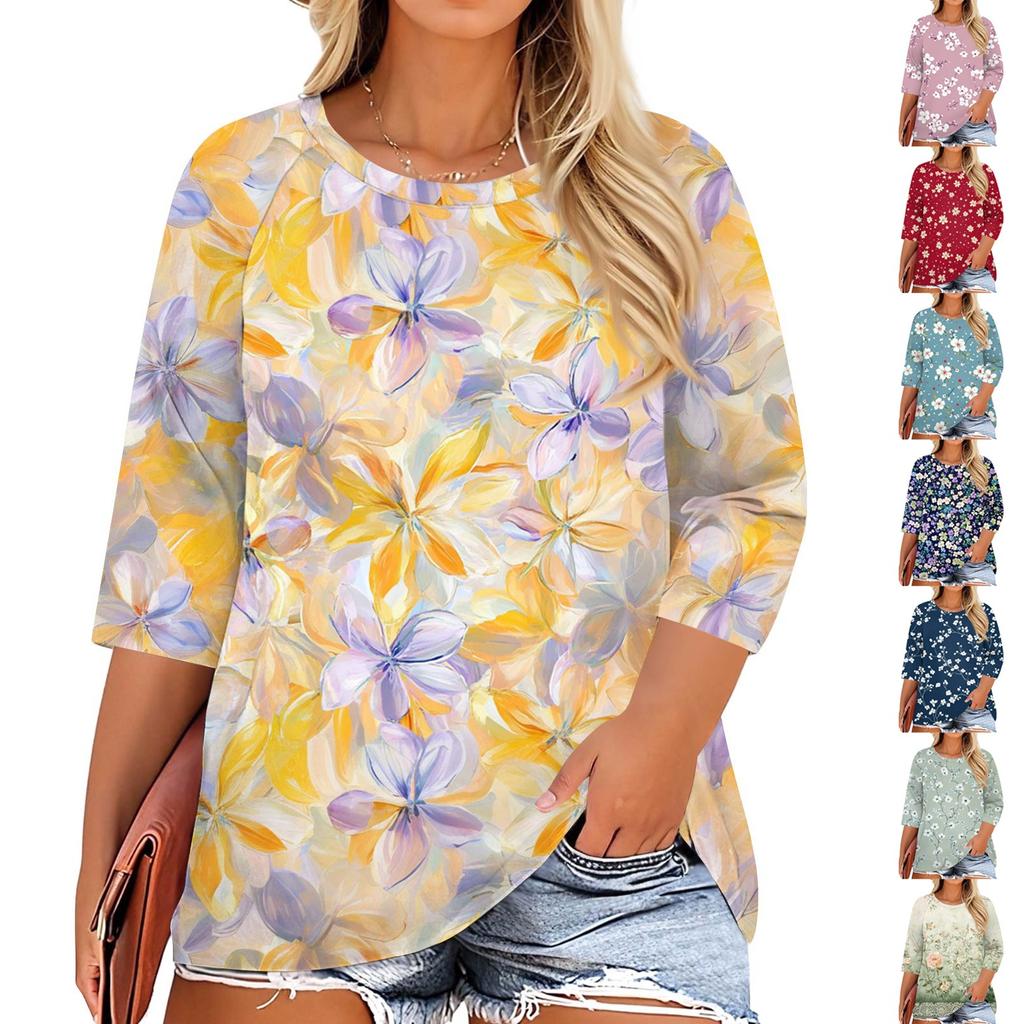 Women's Fashion Casual Print Round Neck 3/4 Sleeve T-Shirt Top