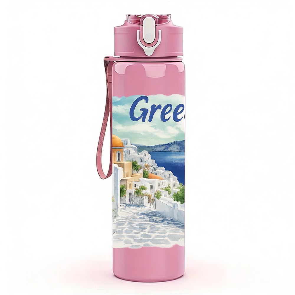 1PC Greece Santorini View 750ml Color Plastic Sports Water Bottle Leakproof Flip Straw Lid For Sports Office Home Use