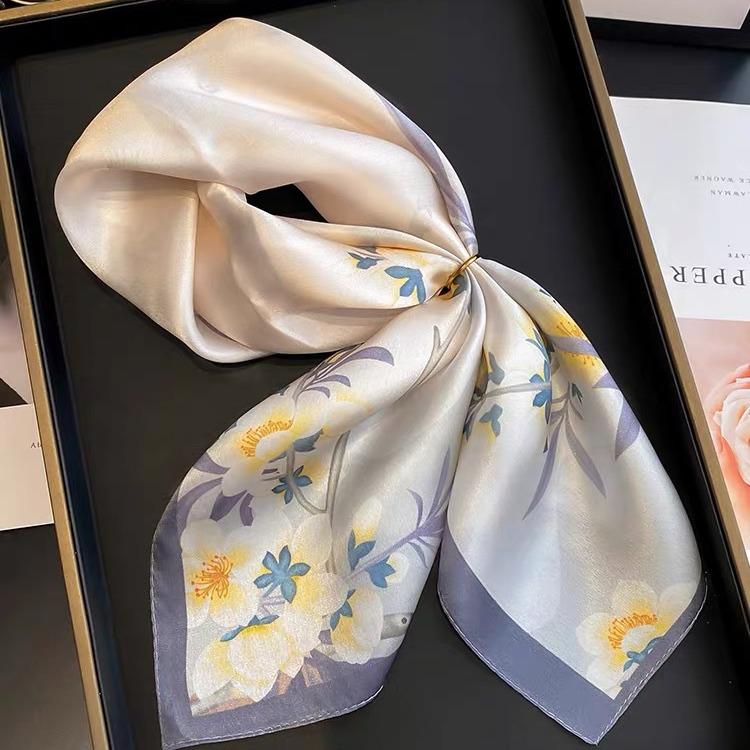 Dámský béžový hedvábný šátek - 53 cm Korejský styl Tištěný čtverec, 100% morušové hedvábí na jaro/léto