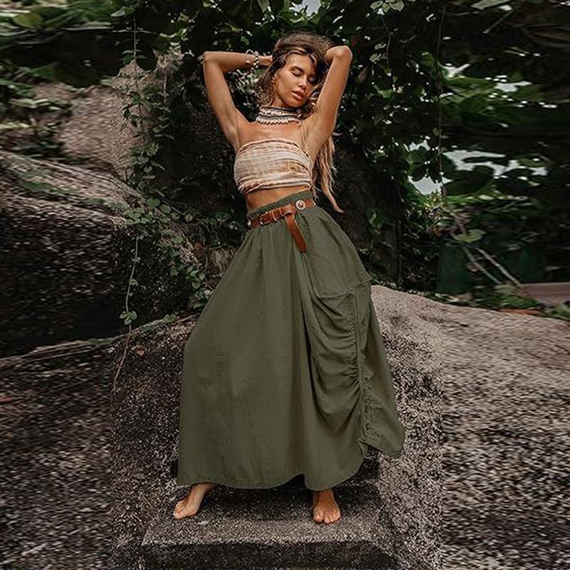 Women's Casual Half Skirt 2024 Drawstring Large Pockets Boho Loose Organic Cotton Long Skirt