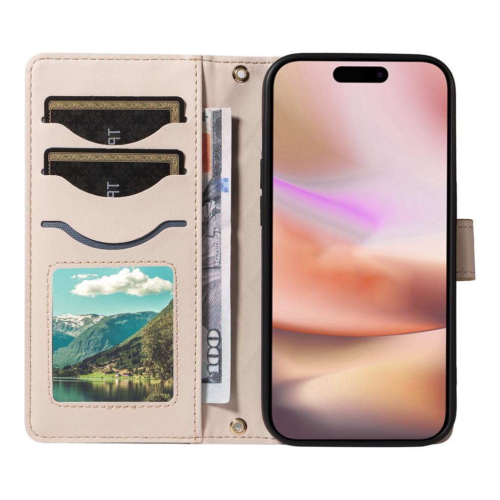 Étui portefeuille en cuir matelassé pour iPhone 16 avec bandoulière et dragonne