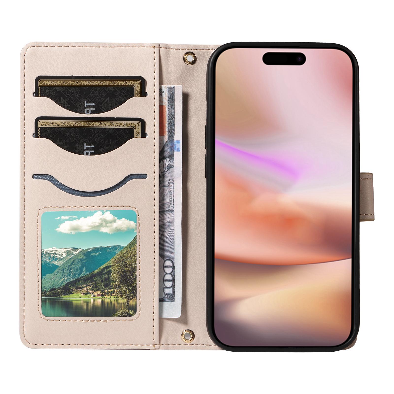 

For iPhone 16 Case Wallet Quilted Leather Phone Cover with Shoulder Strap, Wrist Strap