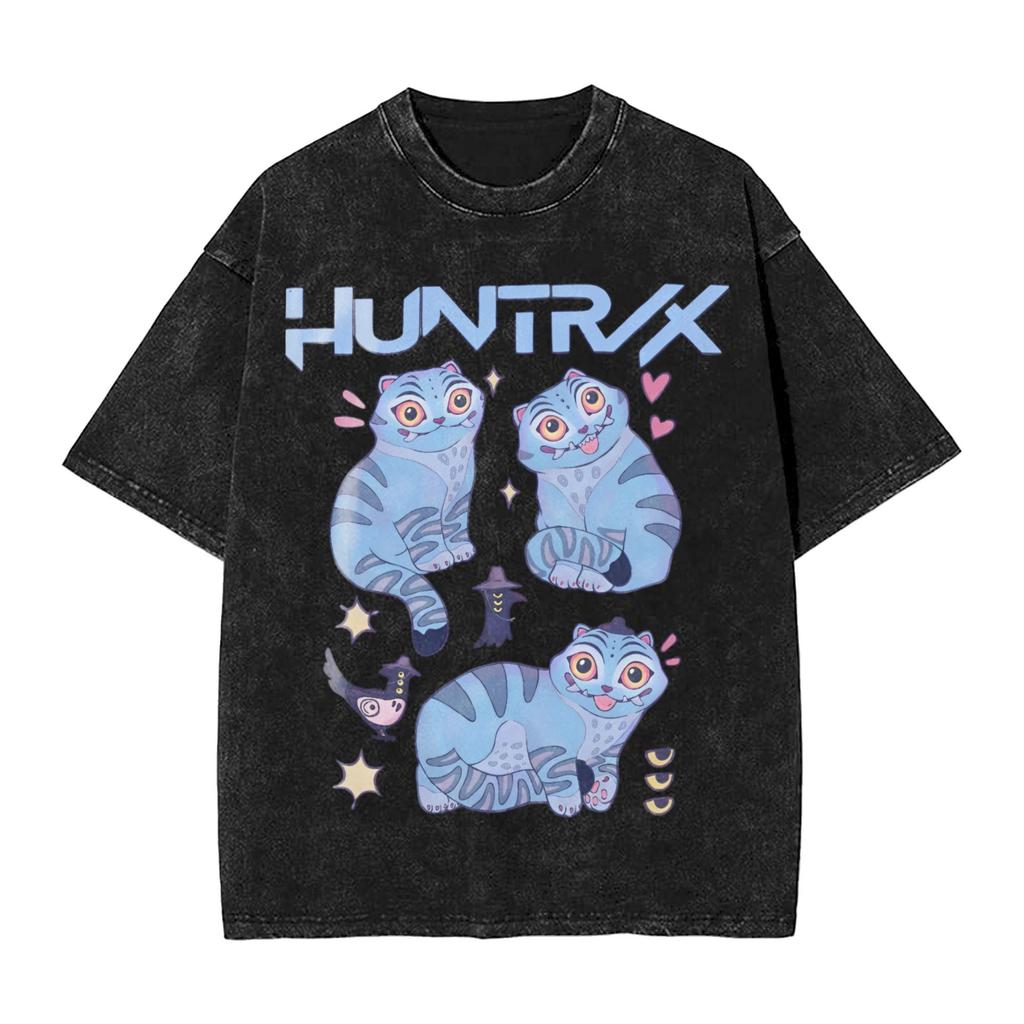 KPop Demon Hunters Huntrix Blue Tiger Derpy Washed T Shirt Vintage Harajuku Men Women  Loose T-Shirts Tee Cotton