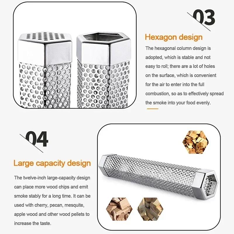 BBQ Stainless Steel Smoker Grill Tube Perforated Mesh Filter Gadget Pellet Smoking Generator Hexagon Spice Smoked Box