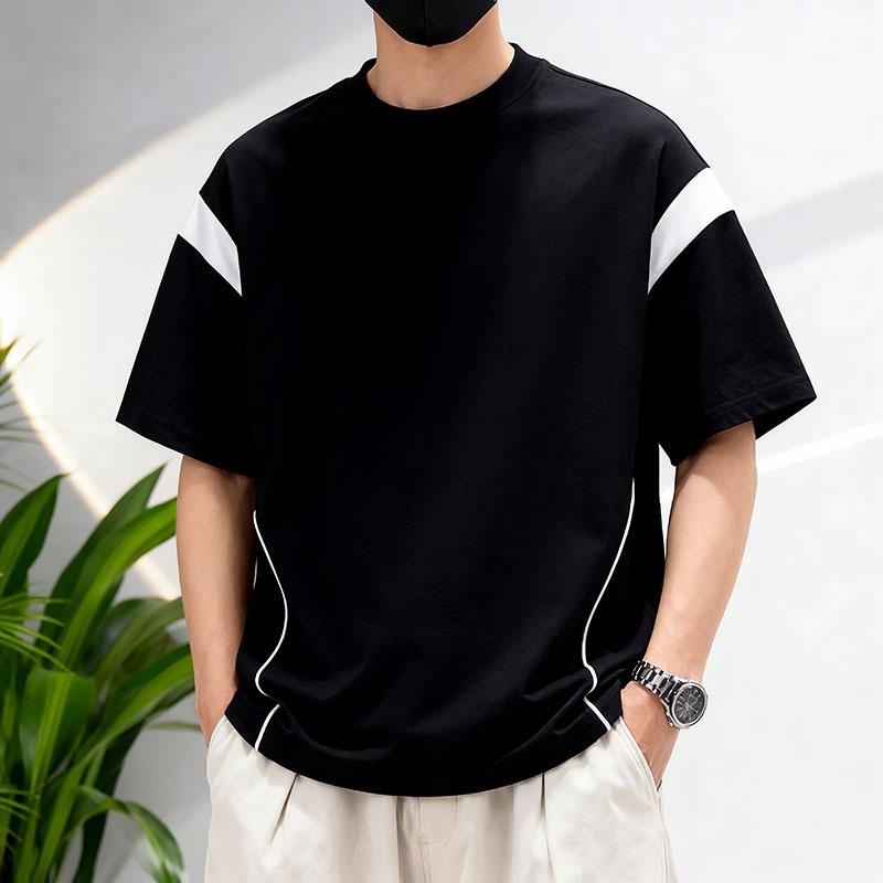 Short-sleeved T-shirt Black and White Contrasting Colors Trendy Street Style Solona Cool Line Stitching, Loose Shoulder Men's Top
