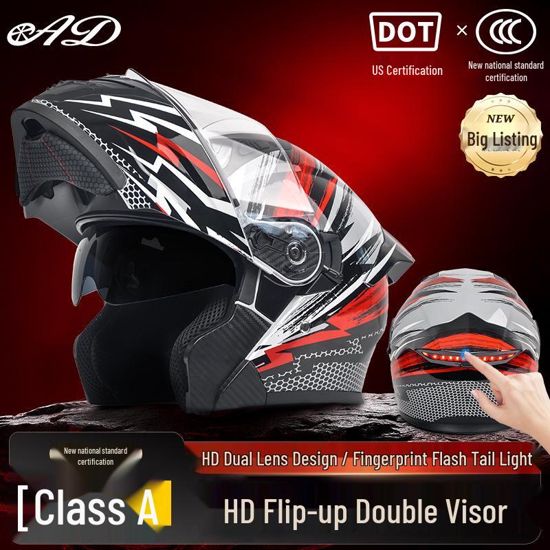 AD Unisex Full Face Motorcycle Helmet with LED Taillight, All-Season, Flip-Up, 3C/DOT Certified.