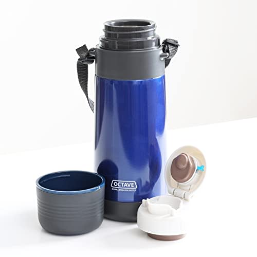 Pearl Metal Octave Double Stainless Steel Water Bottle, 1000ml, with Cup, Wide Mouth, Blue, HB-1743