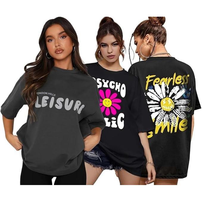Pack Of 3 Graphic Printed Loose Fit T-Shirt Women s Cotton Drop Shoulder Top M