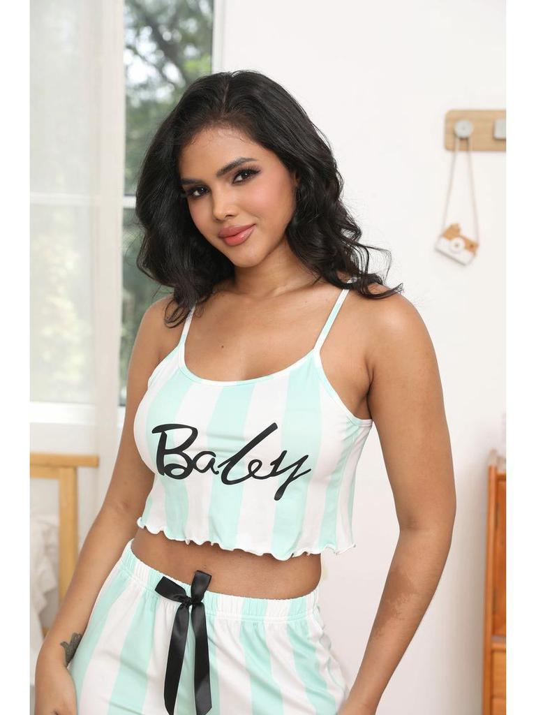 European Summer Fashion Women's Color Block Camisole and Shorts Pajama Set