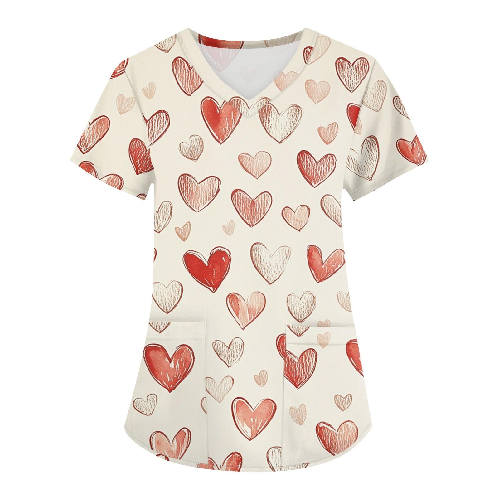 

Большие размеры, печатные рабочие униформы, топы для женщин, крестообразный V-образный вырез, День святого Валентина, принт, короткий рукав, забавные футболки, рабочая одежда, футболка с карманами XXXL красный