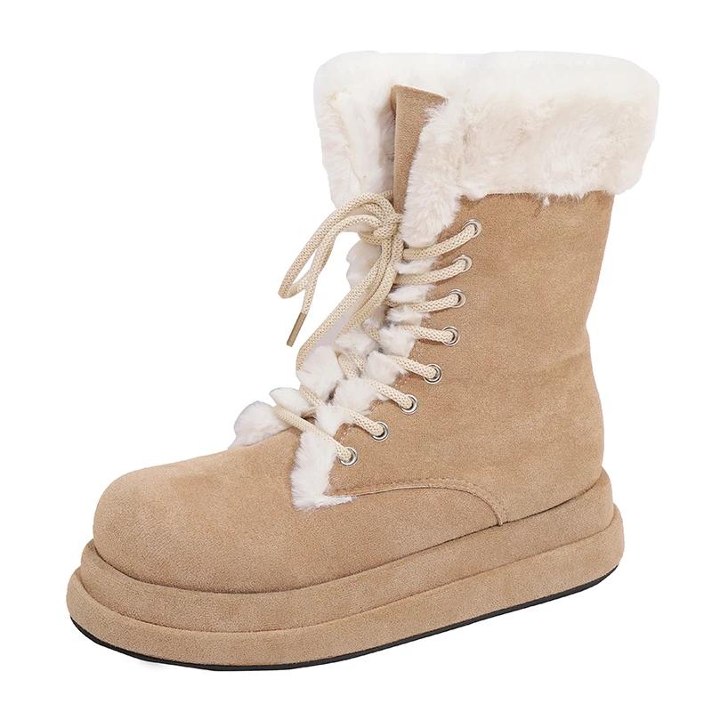 Women's Fashion Thick Bottom Fur Lined Mid-Calf Snow Boots Winter Warm Cotton Shoes round Toe Rubber Sole Flat Heel Boots