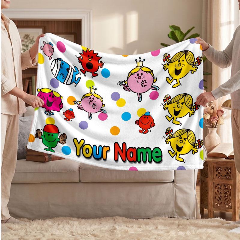 Mr. Men & Little Miss Personalized Flannel Blanket, Custom Printed Text Name, Warm Soft Blanket For Couch Bed
