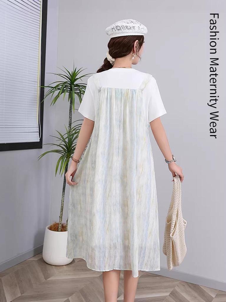 Plus Size Tie-Dye Maternity Strap Dress - 9 Sizes, Summer Two-Piece Look, Loose and Slimming for Late Pregnancy