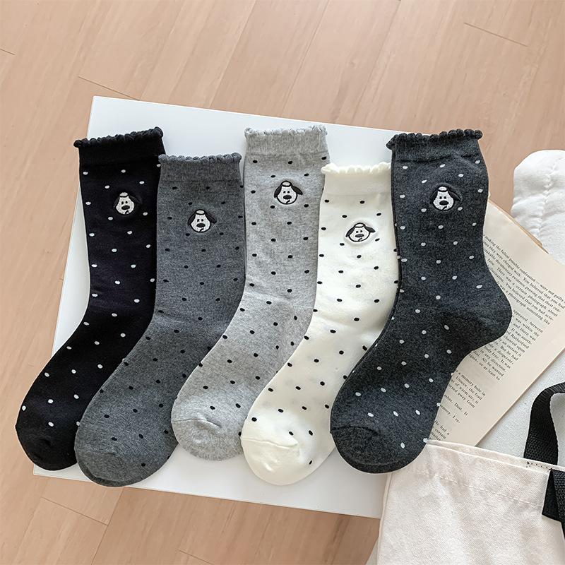 Women's Autumn and Winter New Polka Dot Embroidered Puppy Bubble Mouth Lace Cotton Mid Calf Socks