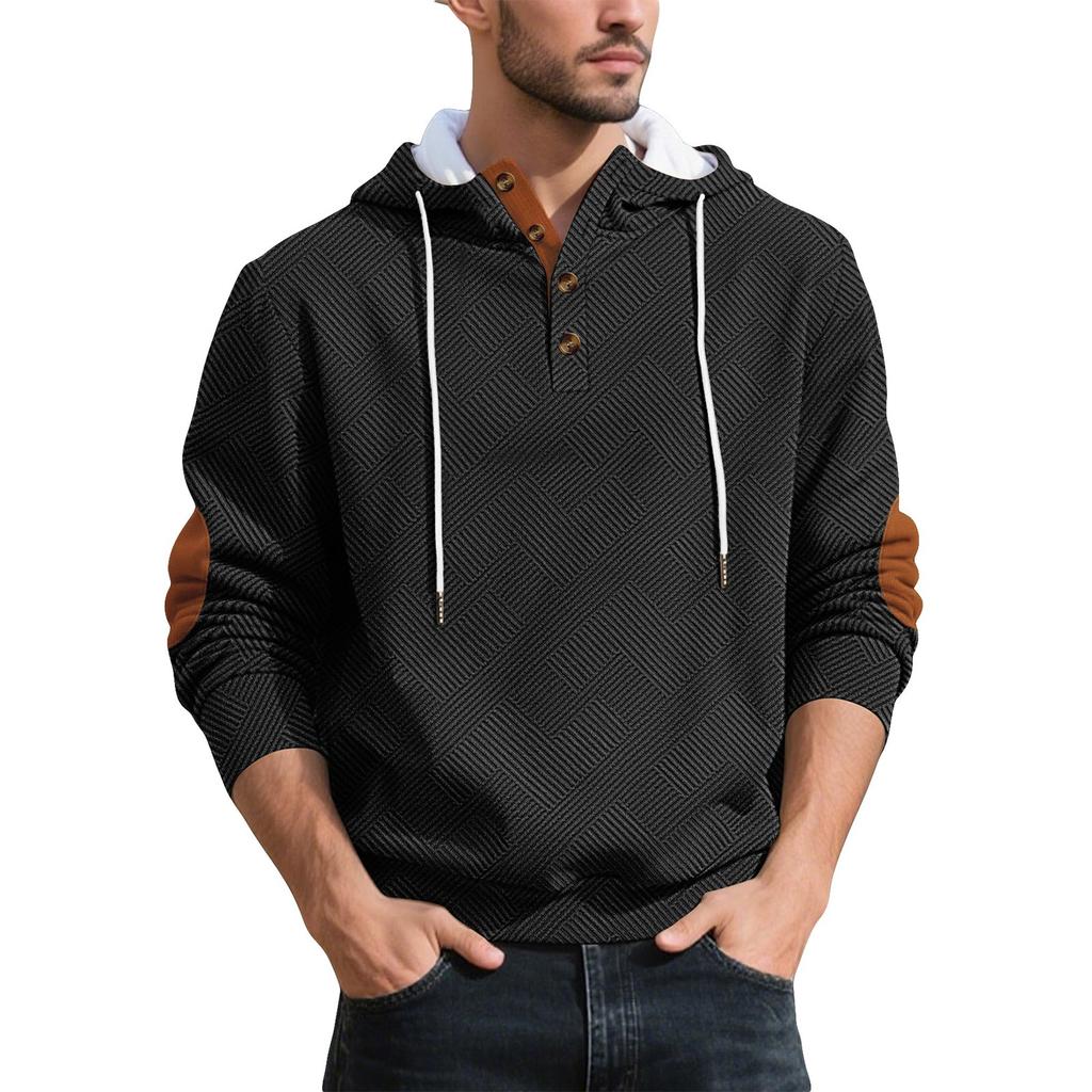 Men's Casual Loose Fit Hooded Sweatshirt with Pattern and Elbow Long Sleeve Athletic Pullover