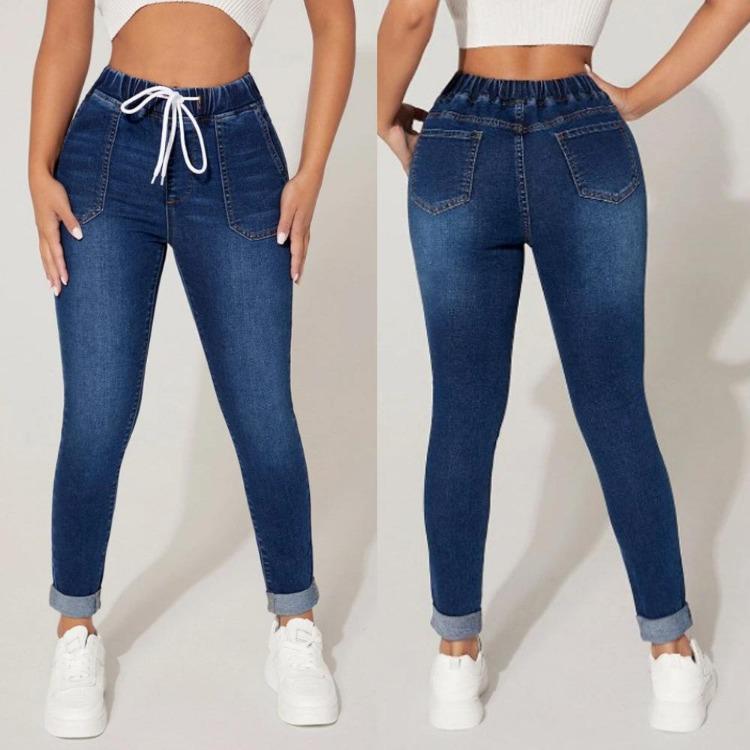 High Waist Stretch Denim Jeans für Damen mit Kordelzug Taille Bleistifthose Pantalones De Mujer