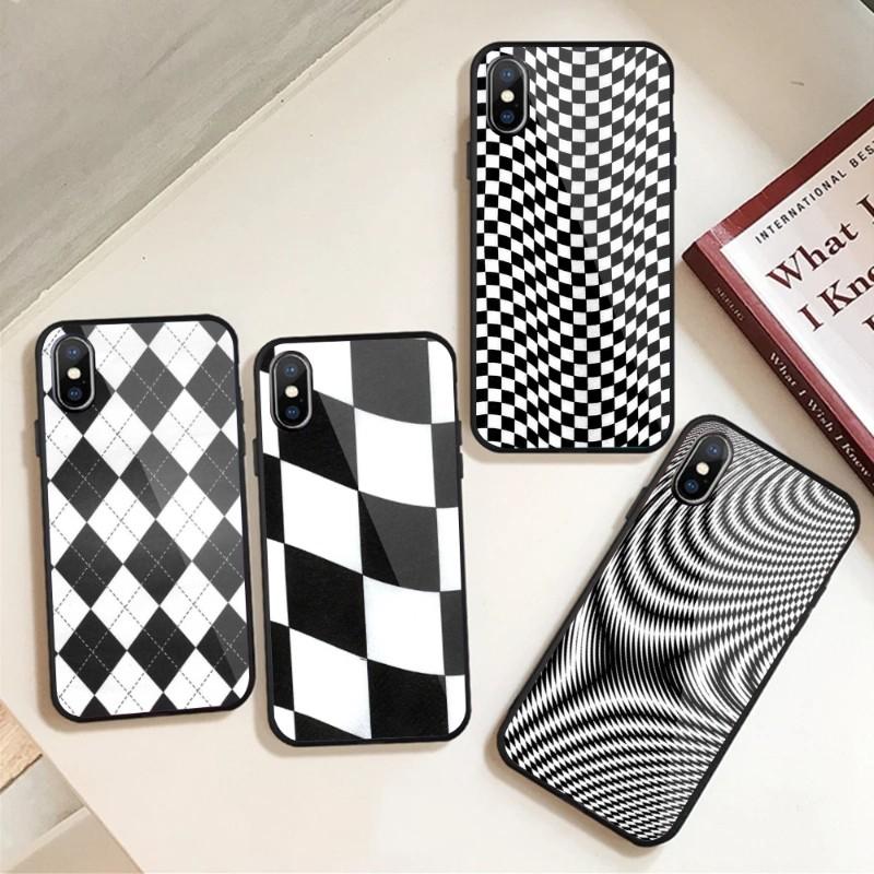 Black White Checkered Phone Case For IPhone 13 12 11 XS X 8 7 6 Plus Mini Pro Max SE 2022 Black PC TPU Glass Phone Cover