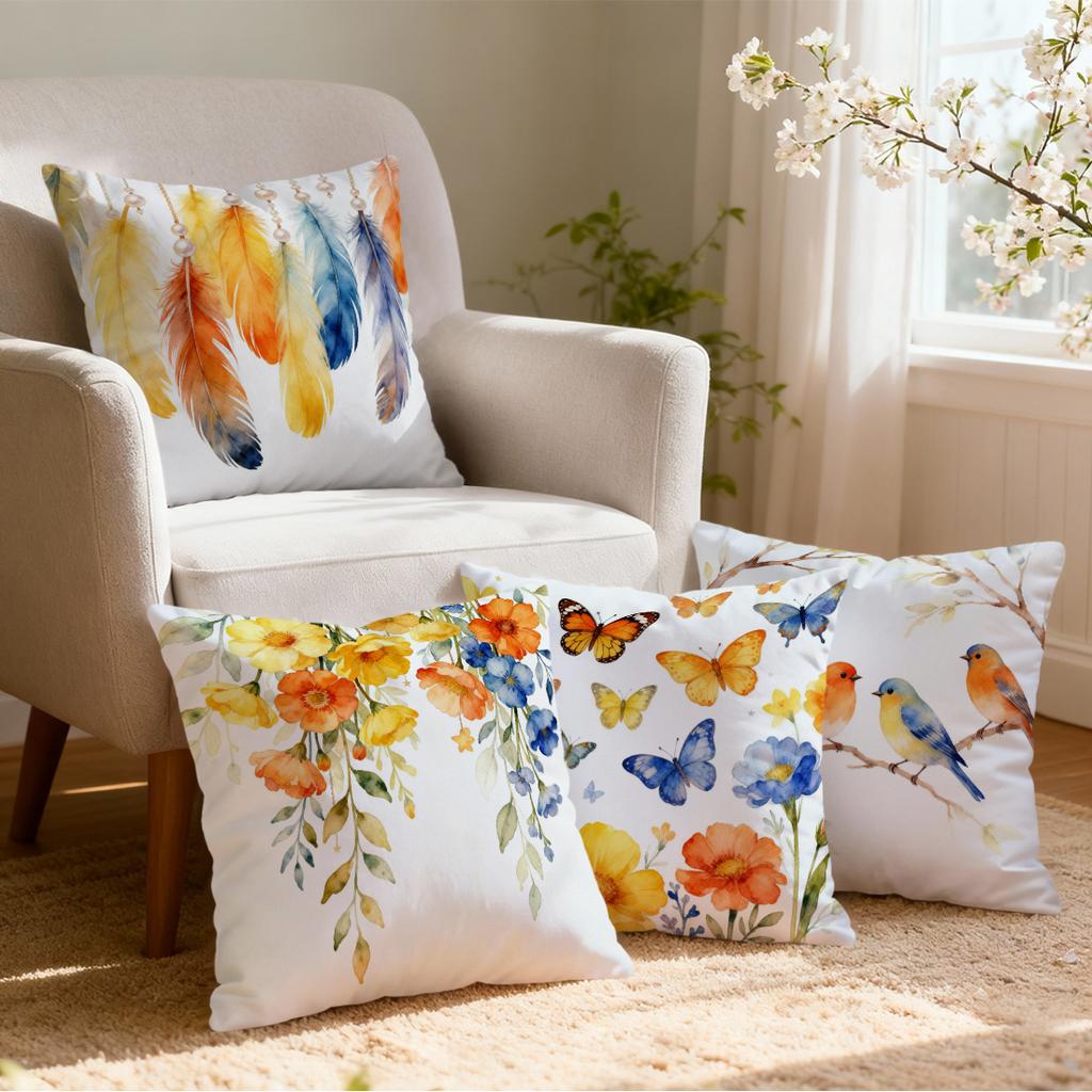 4 Pcs Watercolor Flowers Butterfly Bird Feathers Single-Sided Printed Pillowcase For Home Living Room Bedroom Car